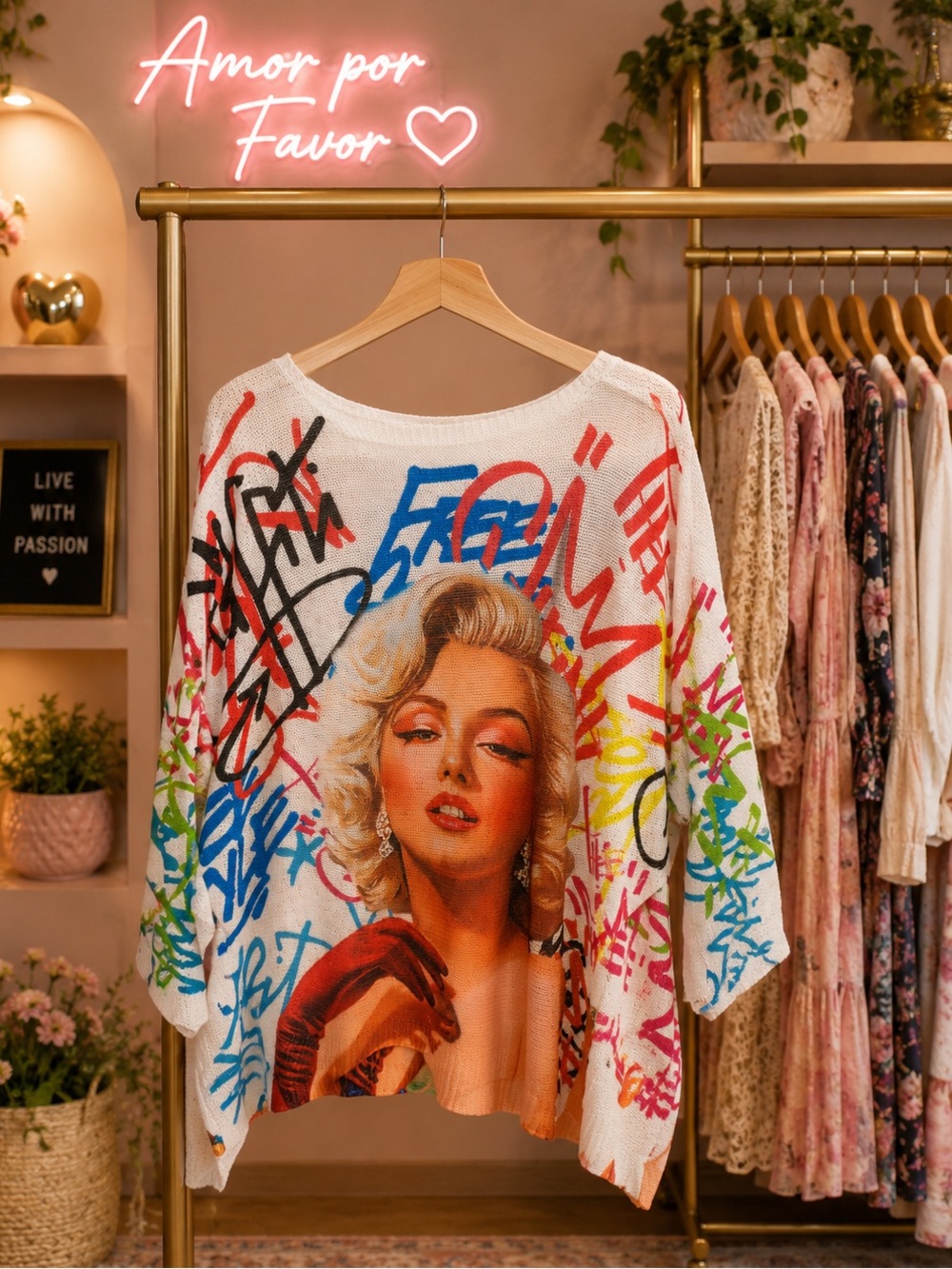 Marylin Monroe Oversized Graffiti Print Sweater - White Multicolor one size